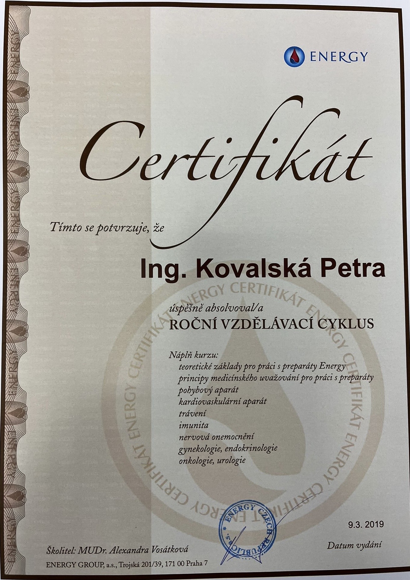 Certifikát – Ing. Kovalská Petra